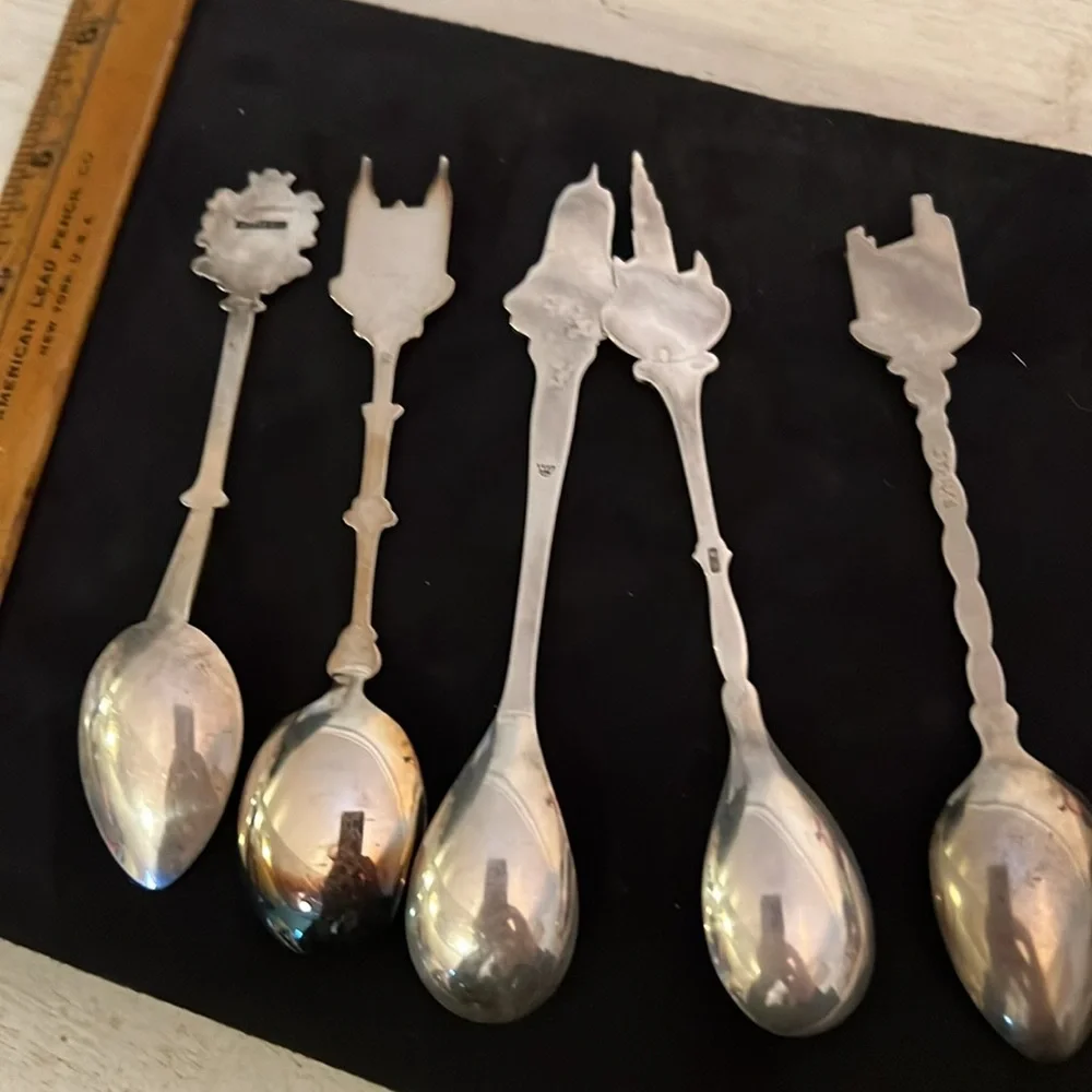 Lot 5 Antique Sterling Silver collector spoons Belgium Amsterdam Netherlands +